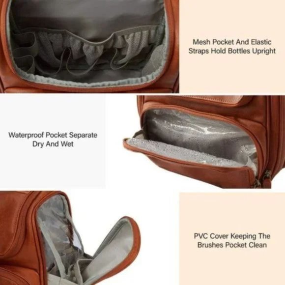 New Toiletry Bag, Travel PU Leather Hanging Hook, Brown - Picture 4 of 8